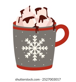 Hot chocolate in mug with marshmallows. Cup with hot beverage and decoration for wintertime season holidays. Autumn and winter hot drink. Vector illustration isolated on white background.