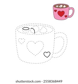 Hot chocolate mug with marshmallows floating on top illustration vector. Valentine's sweet dessert clipart. Hot chocolate coloring page for valentine day theme printable. Hot chocolate winter. 