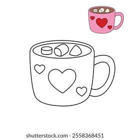 Hot chocolate mug with marshmallows floating on top illustration vector. Valentine's sweet dessert clipart. Hot chocolate coloring page for valentine day theme printable. Hot chocolate winter. 