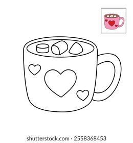 Hot chocolate mug with marshmallows floating on top illustration vector. Valentine's sweet dessert clipart. Hot chocolate coloring page for valentine day theme printable. Hot chocolate winter. 