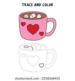 Hot chocolate mug with marshmallows floating on top illustration vector. Valentine's sweet dessert clipart. Hot chocolate coloring page for valentine day theme printable. Hot chocolate winter. 