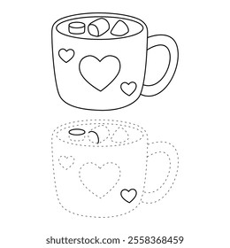 Hot chocolate mug with marshmallows floating on top illustration vector. Valentine's sweet dessert clipart. Hot chocolate coloring page for valentine day theme printable. Hot chocolate winter. 