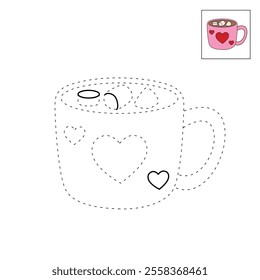 Hot chocolate mug with marshmallows floating on top illustration vector. Valentine's sweet dessert clipart. Hot chocolate coloring page for valentine day theme printable. Hot chocolate winter. 