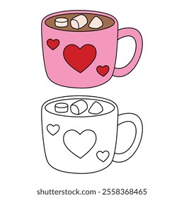 Hot chocolate mug with marshmallows floating on top illustration vector. Valentine's sweet dessert clipart. Hot chocolate coloring page for valentine day theme printable. Hot chocolate winter. 