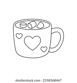 Hot chocolate mug with marshmallows floating on top illustration vector. Valentine's sweet dessert clipart. Hot chocolate coloring page for valentine day theme printable. Hot chocolate winter. 