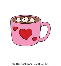 Hot chocolate mug with marshmallows floating on top illustration vector. Valentine's sweet dessert clipart. Hot chocolate coloring page for valentine day theme printable. Hot chocolate winter. 