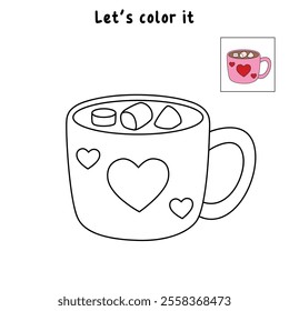 Hot chocolate mug with marshmallows floating on top illustration vector. Valentine's sweet dessert clipart. Hot chocolate coloring page for valentine day theme printable. Hot chocolate winter. 