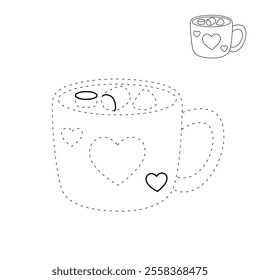 Hot chocolate mug with marshmallows floating on top illustration vector. Valentine's sweet dessert clipart. Hot chocolate coloring page for valentine day theme printable. Hot chocolate winter. 