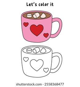 Hot chocolate mug with marshmallows floating on top illustration vector. Valentine's sweet dessert clipart. Hot chocolate coloring page for valentine day theme printable. Hot chocolate winter. 