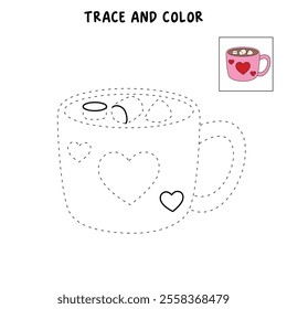 Hot chocolate mug with marshmallows floating on top illustration vector. Valentine's sweet dessert clipart. Hot chocolate coloring page for valentine day theme printable. Hot chocolate winter. 