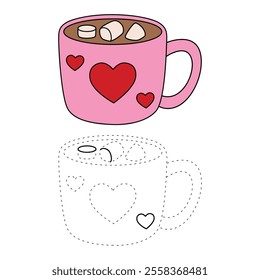 Hot chocolate mug with marshmallows floating on top illustration vector. Valentine's sweet dessert clipart. Hot chocolate coloring page for valentine day theme printable. Hot chocolate winter. 