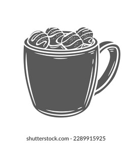 Hot chocolate mug with marshmallows glyph icon vector illustration. Stamp of glass cup full of yummy drink and candy dessert, sweet warm cacao or coffee with milk, cozy cappuccino for cold season