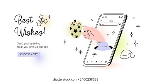 Hot chocolate mug sticking out of smartphone screen. Christmas celebration web banner template. Contemporary vector illustration of sending warm wisher via mobile app. Seasonal communication.