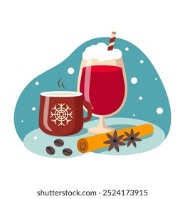 Hot Chocolate and Mulled Wine: Cozy Winter Drinks in Flat Design in a vector illustration