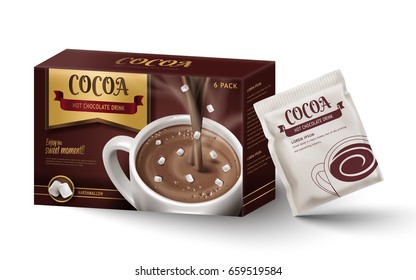 hot chocolate paper box package design, isolated white background, 3d illustration