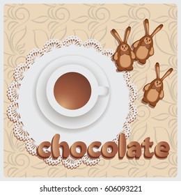 Hot chocolate and chocolate rabbits. Composition on the napkin with lace and fabric with a pattern. Vector image.