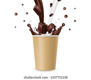 Hot chocolate. Realistic milk chocolate splashes and take away paper cup vector illustration