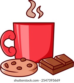 hot chocolate in a red cup with cokies Vector Illustration Icon. Flat Cartoon Style