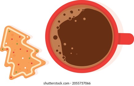 Hot chocolate in the red cup and gingerbread in the shape of a Christmas tree. White background. Vector illustration.