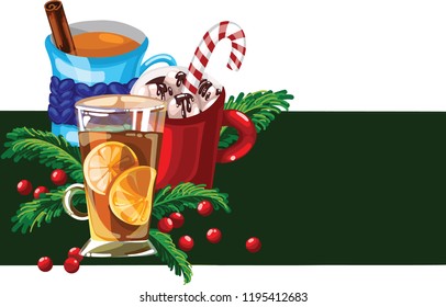 Hot chocolate in red cup with marshmallow, Cup of tea swathed in scarf and cinnamon stick, glass of tea with lemon, Christmas tree branches and berries. Vector Christmas card.