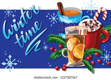 Hot chocolate in red cup with marshmallow, Cup of tea swathed in scarf and cinnamon stick, glass of tea with lemon, Christmas tree branches and berries. Vector Christmas card.
