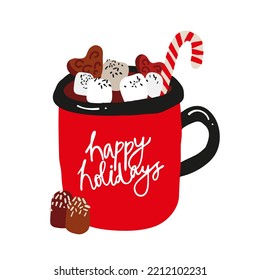 Hot chocolate in red mug Isolated on white background. Cocoa drink with marshmallows. Vector illustration in cartoon simple flat style.