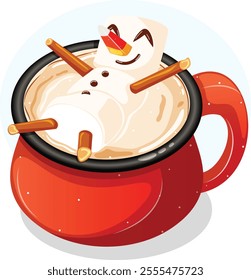 Hot Chocolate in Red Mug with Marshmallow Man Relaxing on Top. Cute Cartoon Christmas Graphic Isolated