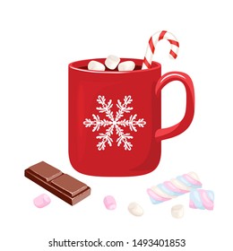 Hot Chocolate In Red Mug With Snowflake Isolated On White Background. Cocoa Drink With Marshmallows, Christmas Candy And  Slice Of Chocolate. Vector Illustration In Cartoon Simple Flat Style.