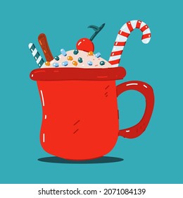 Hot chocolate in red mug vector Christmas drink cartoon illustration isolated on background.