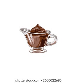 Hot chocolate or sauce in glass gravy boat, hand drawn vector watercolor illustration. Ingredient or dessert. Outline vintage style. Isolated background. Minimalism.