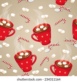 Hot Chocolate Seamless Pattern. Hot Drinks Christmas Background. Vector Illustration