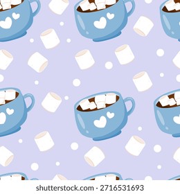 Hot chocolate seamless pattern with marshmallow and snow. Cute and warm beverage cartoon. Can be used for wallpaper, paper wrapping and fashion fabric