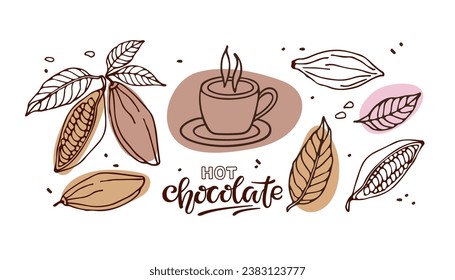 Warmes Schokoladenset. Handgezeichnete Skizze Vektor Kakaobohnen, Blätter, Tasse Skizze und heißer Schokoladentext einzeln. Bio-Produkt Doodle Skizze für Café, Menü. Pflanzenteile. Für Etiketten, Logos, Embleme, Symbole.