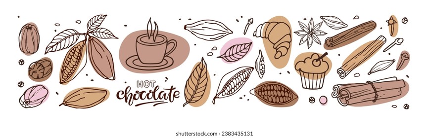 Hot Chocolate set. Hand drawn sketch vector Cocoa beans, leaves, cup, sweets, pastries, spices sketch and hot Chocolate lettering isolated. Doodle sketch for cafe, menu, label, logo, emblem, symbol.