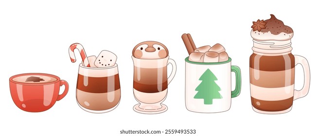 Hot chocolate set - simple red mug, glass with marshmallow and candy cane, topped latte, festive pine tree ceramic cup with zephyr, decorated jar with chocolate mousse. Holiday beverage designs.