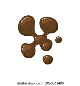 Hot chocolate spill. Brown puddle on a white isolated background. Splashes. Vector cartoon illustration.