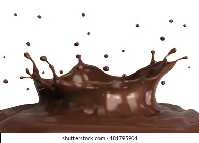 Hot chocolate splash close-up on white background.