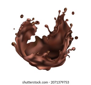 Hot chocolate splash, cocoa or coffee drink, chocolate covered fruits. 