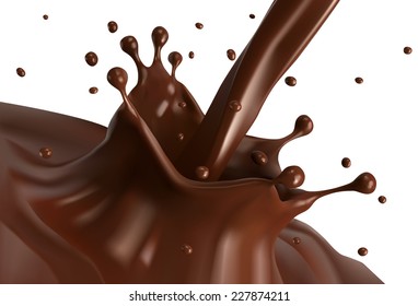 Hot chocolate splash and pouring on white background.