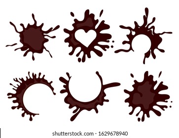 Hot chocolate splash set isolated on white background. Hot choco cacao blob design. Liquid drop  splash design in heart shape. Milk brown chocolate.