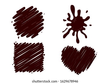 Hot chocolate splash set isolated on white background. Hot choco cacao blob design. Liquid drop  splash design in heart shape. Milk brown chocolate.