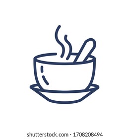 Hot chocolate thin line icon. Steam, spoon, coffee cup, porcelain isolated outline sign. Breakfast drink or cafe concept. Vector illustration symbol element for web design and apps