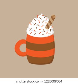 Hot chocolate vector graphic illustration. Autumn, winter seasonal warm, hot cocoa drink in mug with whipped cream, sprinkles and sweet roll.