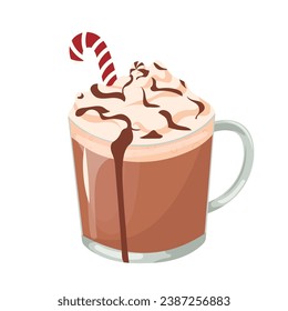 Hot chocolate vector illustration. Hot beverage. Flat icon isolated on white background. Cozy time concept. Hand drawn illustration for menu, design, flyer, banner.