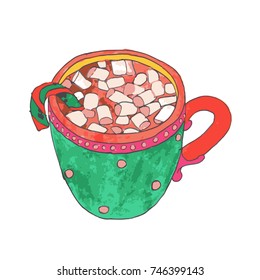 Hot chocolate vector illustration. Doodle style. Design, print, logo, decor, textile, paper.