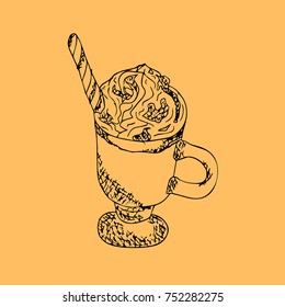 Hot chocolate vector illustration. Doodle style. Design, print, logo, decor, textile, paper.