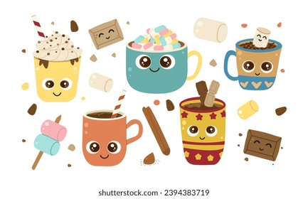 Hot chocolate ,vector illustration , flat style cups various shapes and color , cute character with marshmallow and chocolate ,different topping and sweet element , sugar food ,drink cozy and warm