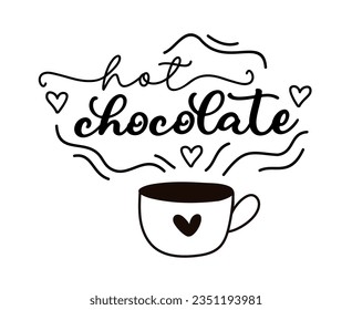 chocolate caliente. Palabra del logo del vector. Cartel de diseño, volante, pancarta, café-menú. Texto de caligrafía dibujado a mano. Logo del chocolate tipográfico. Icono de cartón chocolate caliente. Ilustración en blanco y negro con taza.