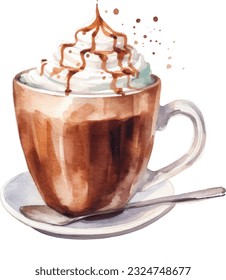 Hot chocolate Watercolor illustration. Hand drawn underwater element design. Artistic vector marine design element. Illustration for greeting cards, printing and other design projects.