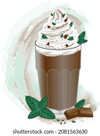 Hot chocolate with whipped cream, with the addition of mint and pieces of chocolate.Glass with a drink on a watercolor background.It can be used for bar menus,postcards,flyers,posters. Vector.